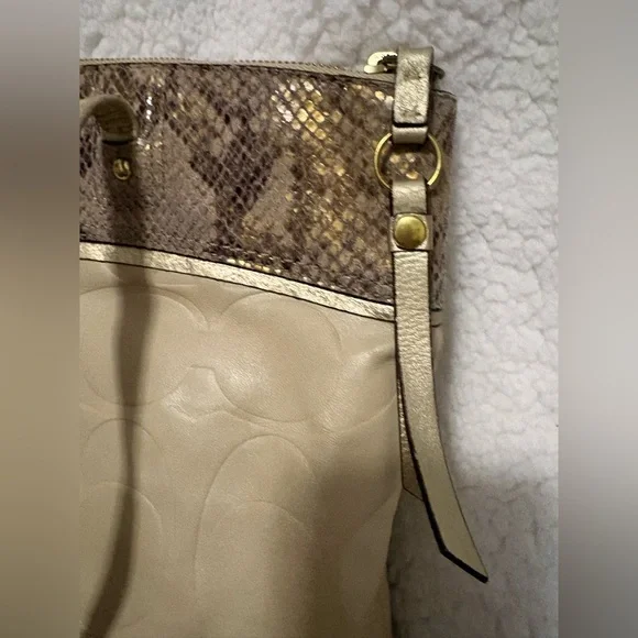 Coach Beige and Gold Tote Bag with Snake Skin Trim - Picture 2 of 7